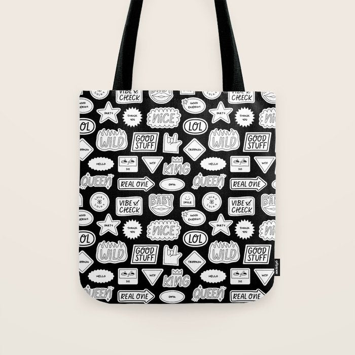 Funny black and white cartoon sticker quote pattern Tote Bag Gallery Image 1