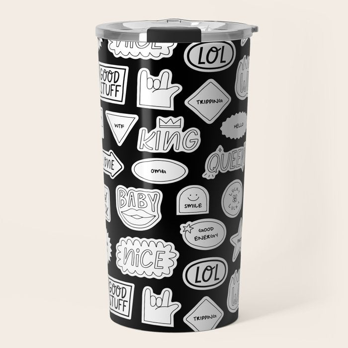 Funny black and white cartoon sticker quote pattern Travel Mug Gallery Image 1