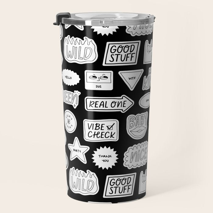 Funny black and white cartoon sticker quote pattern Travel Mug Gallery Image 3