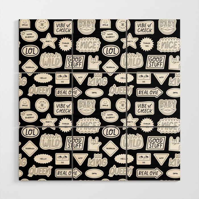 Funny black and white cartoon sticker quote pattern Wood Wall Art Gallery Image 1