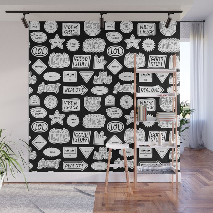 Funny black and white cartoon sticker quote pattern Wall Mural Gallery Image 1