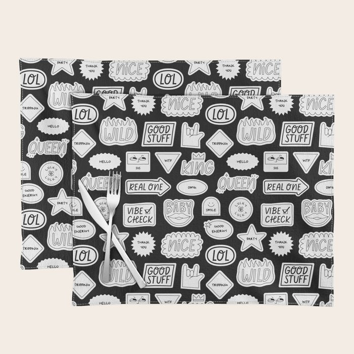Funny black and white cartoon sticker quote pattern Placemat Gallery Image 1