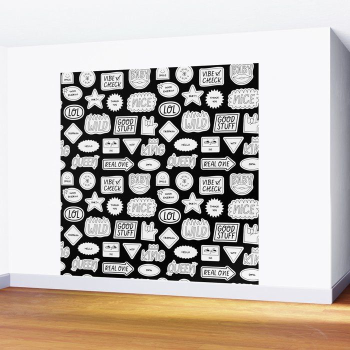 Funny black and white cartoon sticker quote pattern Wall Mural Gallery Image 2