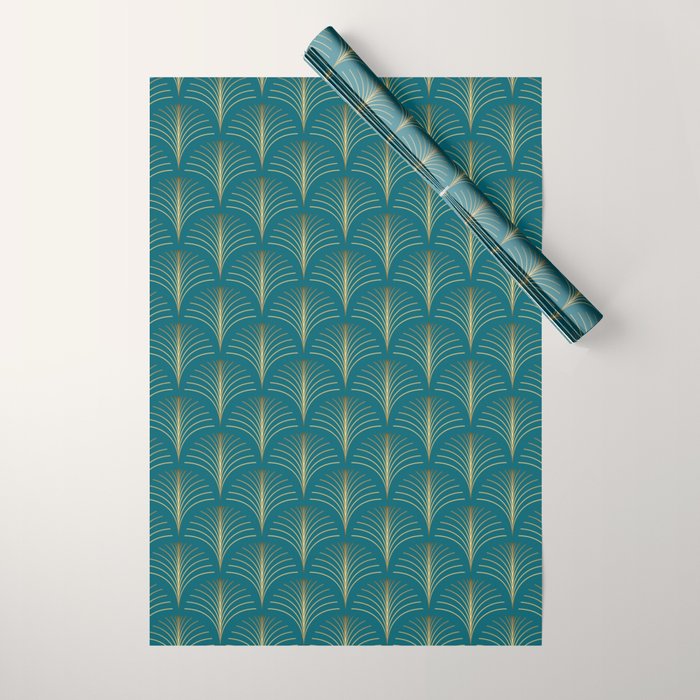 Art Deco Gold Fans on Turquoise Wrapping Paper Gallery Image 1