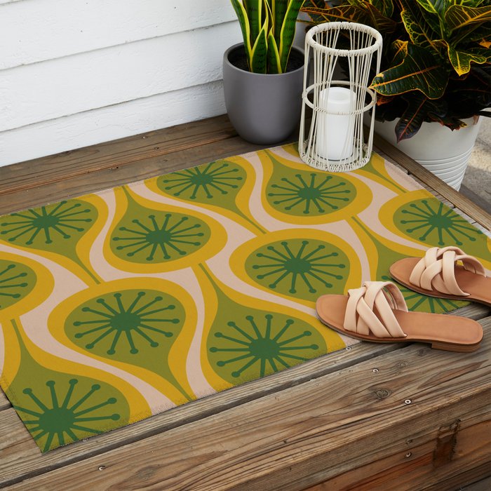 Mid Century Modern Atomic Drops Pattern Green Mustard Outdoor Rug Gallery Image 2