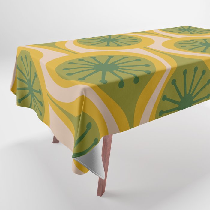 Mid Century Modern Atomic Drops Pattern Green Mustard Tablecloth Gallery Image 1