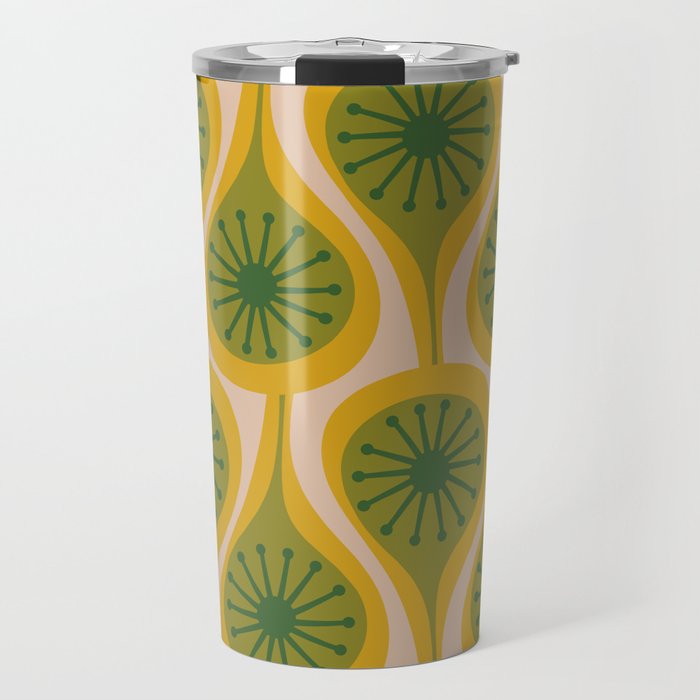 Mid Century Modern Atomic Drops Pattern Green Mustard Travel Mug Gallery Image 1