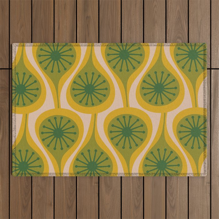 Mid Century Modern Atomic Drops Pattern Green Mustard Outdoor Rug Gallery Image 1