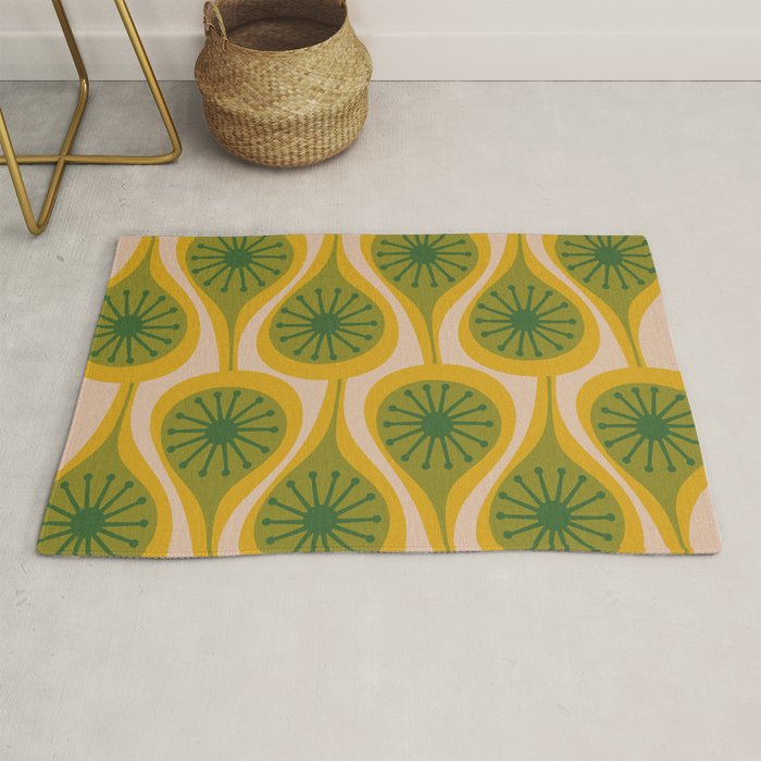 Mid Century Modern Atomic Drops Pattern Green Mustard Rug Gallery Image 1