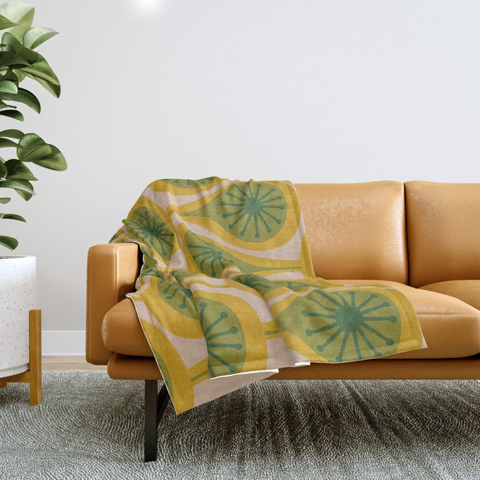 Mid Century Modern Atomic Drops Pattern Green Mustard Throw Blanket Gallery Image 1