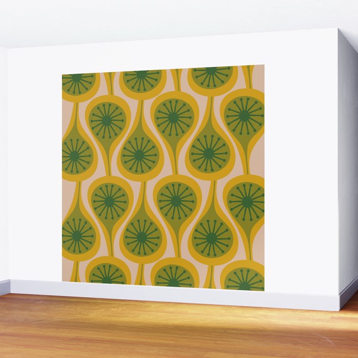 Mid Century Modern Atomic Drops Pattern Green Mustard Wall Mural Gallery Image 2