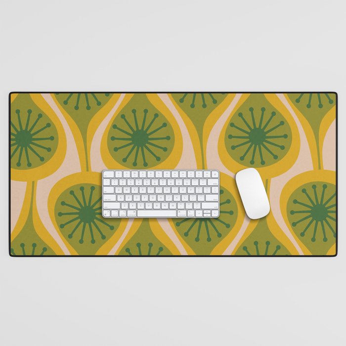 Mid Century Modern Atomic Drops Pattern Green Mustard Desk Mat Gallery Image 1