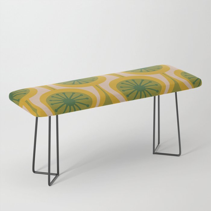 Mid Century Modern Atomic Drops Pattern Green Mustard Bench Gallery Image 1
