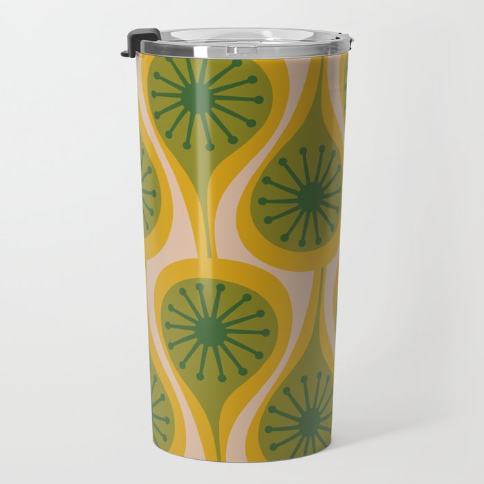Mid Century Modern Atomic Drops Pattern Green Mustard Travel Mug Gallery Image 3