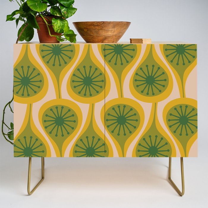 Mid Century Modern Atomic Drops Pattern Green Mustard Credenza Gallery Image 1