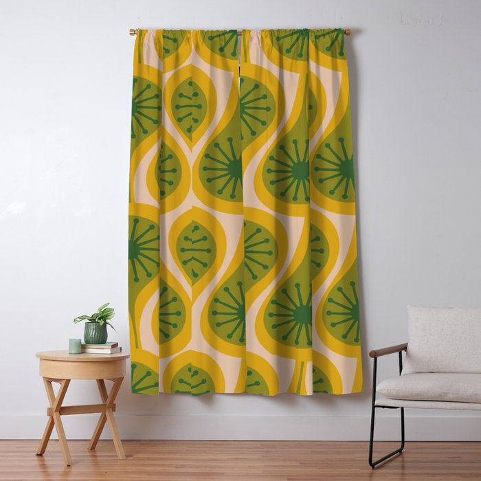 Mid Century Modern Atomic Drops Pattern Green Mustard Window Curtain Gallery Image 5