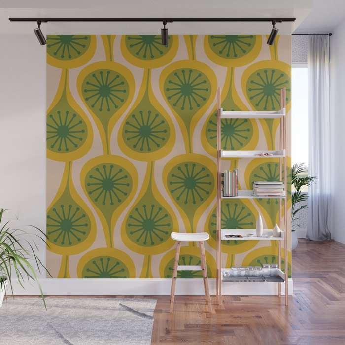 Mid Century Modern Atomic Drops Pattern Green Mustard Wall Mural Gallery Image 1