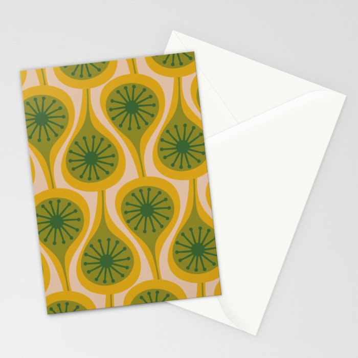 Mid Century Modern Atomic Drops Pattern Green Mustard Stationery Card Gallery Image 2