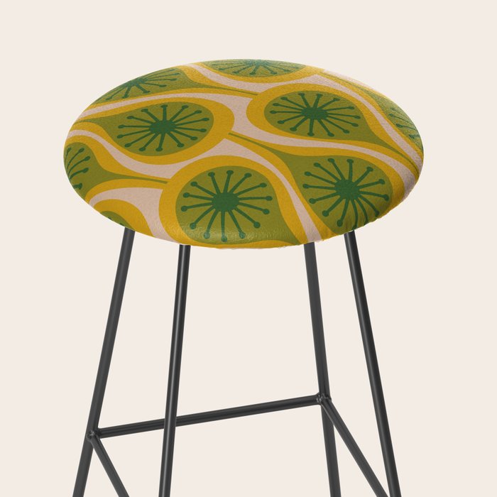Mid Century Modern Atomic Drops Pattern Green Mustard Stool Gallery Image 2