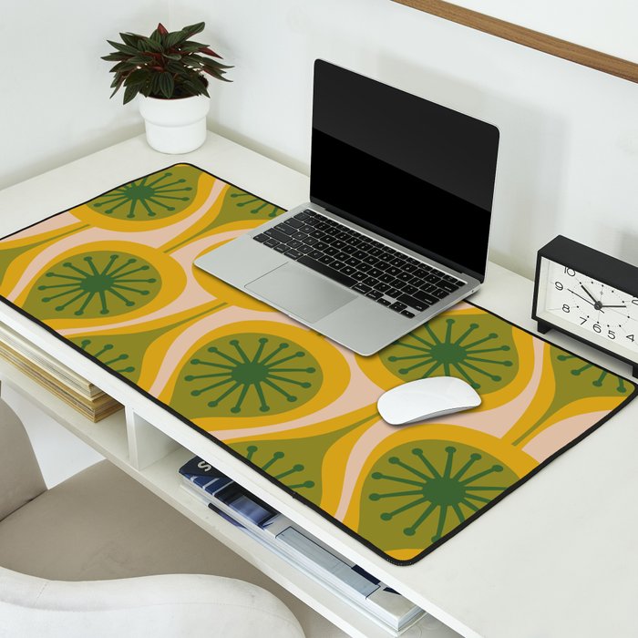 Mid Century Modern Atomic Drops Pattern Green Mustard Desk Mat Gallery Image 2