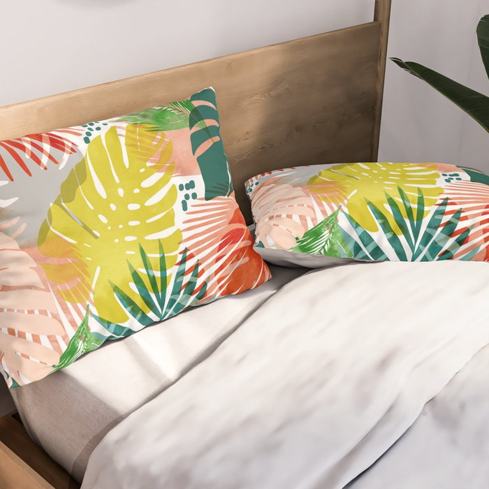 Tropical Garden, Botanical Colorful Jungle Watercolor Painting, Monstera Palm Nature Blush Bohemian Pillow Sham Gallery Image 2