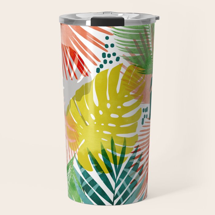 Tropical Garden, Botanical Colorful Jungle Watercolor Painting, Monstera Palm Nature Blush Bohemian Travel Mug Gallery Image 1