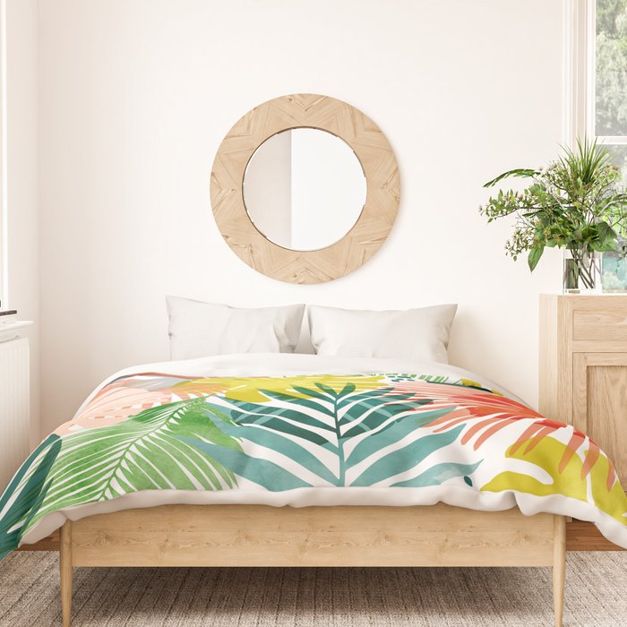 Tropical Garden, Botanical Colorful Jungle Watercolor Painting, Monstera Palm Nature Blush Bohemian Duvet Cover Gallery Image 3