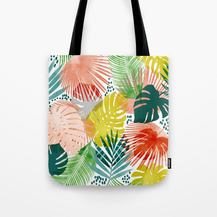 Tropical Garden, Botanical Colorful Jungle Watercolor Painting, Monstera Palm Nature Blush Bohemian Tote Bag Gallery Image 1