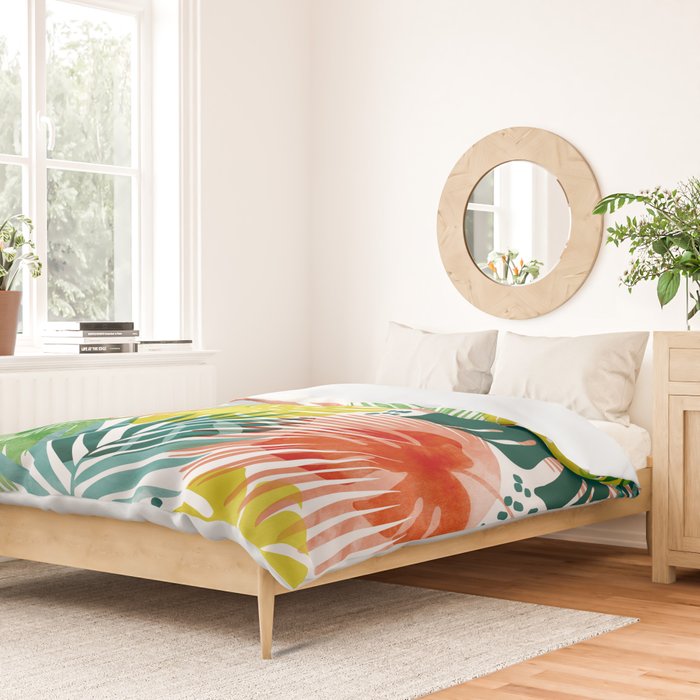 Tropical Garden, Botanical Colorful Jungle Watercolor Painting, Monstera Palm Nature Blush Bohemian Duvet Cover Gallery Image 2