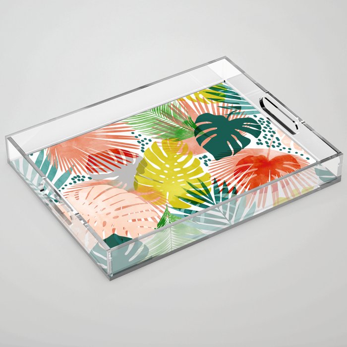Tropical Garden, Botanical Colorful Jungle Watercolor Painting, Monstera Palm Nature Blush Bohemian Acrylic Tray Gallery Image 1