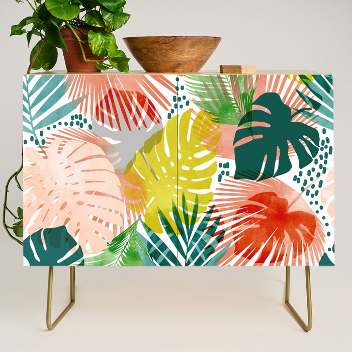 Tropical Garden, Botanical Colorful Jungle Watercolor Painting, Monstera Palm Nature Blush Bohemian Credenza Gallery Image 1
