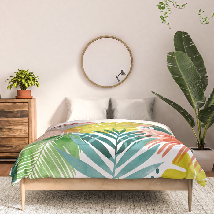 Tropical Garden, Botanical Colorful Jungle Watercolor Painting, Monstera Palm Nature Blush Bohemian Comforter Gallery Image 3