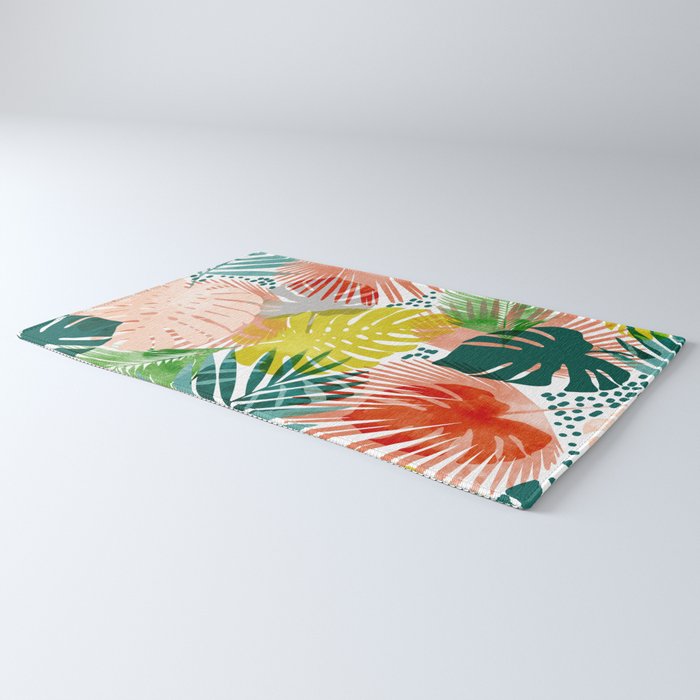 Tropical Garden, Botanical Colorful Jungle Watercolor Painting, Monstera Palm Nature Blush Bohemian Rug Gallery Image 3