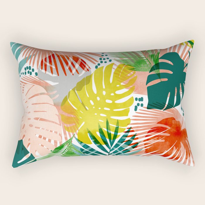 Tropical Garden, Botanical Colorful Jungle Watercolor Painting, Monstera Palm Nature Blush Bohemian Rectangular Pillow Gallery Image 2