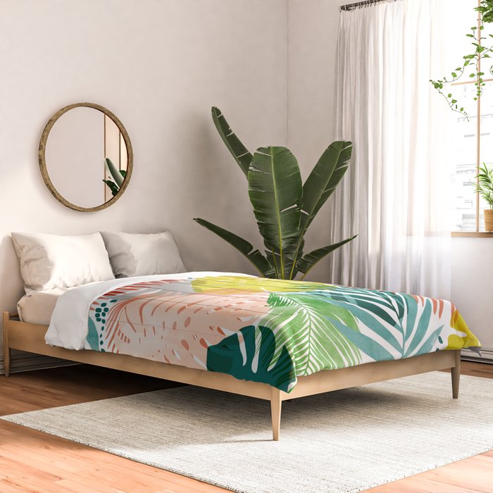 Tropical Garden, Botanical Colorful Jungle Watercolor Painting, Monstera Palm Nature Blush Bohemian Comforter Gallery Image 2