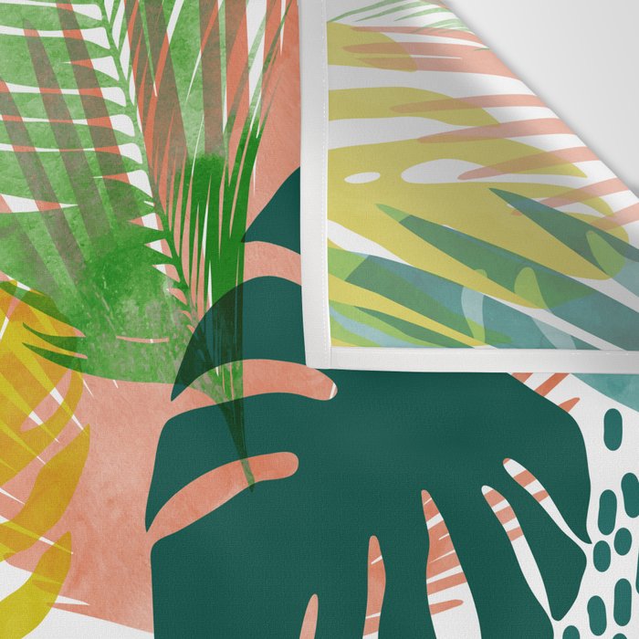 Tropical Garden, Botanical Colorful Jungle Watercolor Painting, Monstera Palm Nature Blush Bohemian Wall Tapestry Gallery Image 3