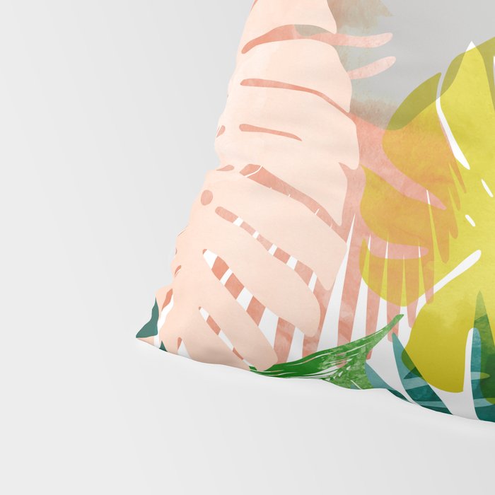 Tropical Garden, Botanical Colorful Jungle Watercolor Painting, Monstera Palm Nature Blush Bohemian Pillow Sham Gallery Image 4