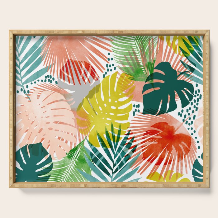 Tropical Garden, Botanical Colorful Jungle Watercolor Painting, Monstera Palm Nature Blush Bohemian Serving Tray Gallery Image 1