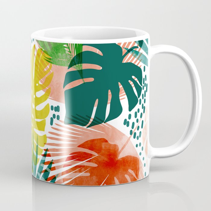 Tropical Garden, Botanical Colorful Jungle Watercolor Painting, Monstera Palm Nature Blush Bohemian Coffee Mug Gallery Image 1