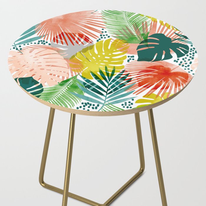Tropical Garden, Botanical Colorful Jungle Watercolor Painting, Monstera Palm Nature Blush Bohemian Side Table Gallery Image 2