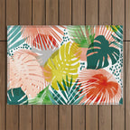 Tropical Garden, Botanical Colorful Jungle Watercolor Painting, Monstera Palm Nature Blush Bohemian Outdoor Rug Gallery Image 1