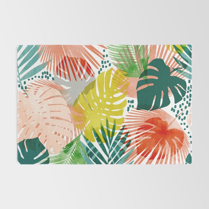 Tropical Garden, Botanical Colorful Jungle Watercolor Painting, Monstera Palm Nature Blush Bohemian Rug Gallery Image 2
