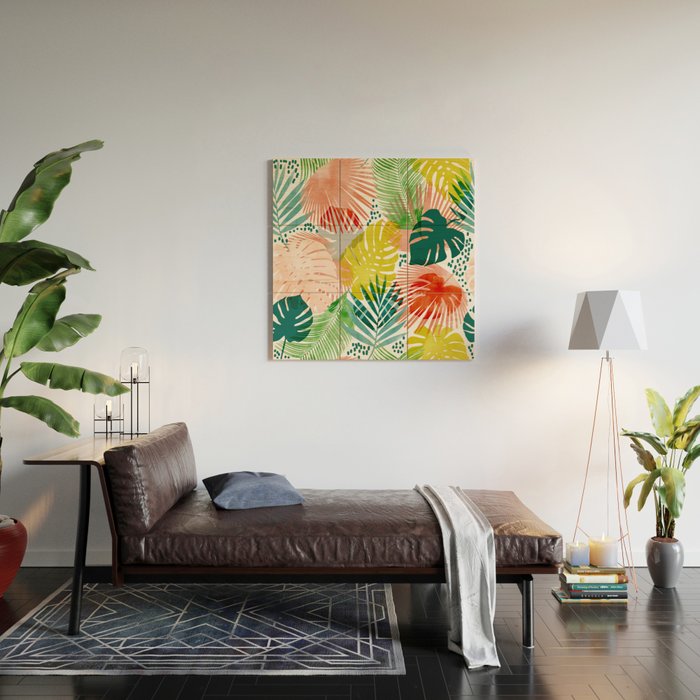 Tropical Garden, Botanical Colorful Jungle Watercolor Painting, Monstera Palm Nature Blush Bohemian Wood Wall Art Gallery Image 2