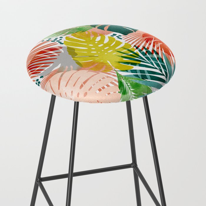 Tropical Garden, Botanical Colorful Jungle Watercolor Painting, Monstera Palm Nature Blush Bohemian Stool Gallery Image 2