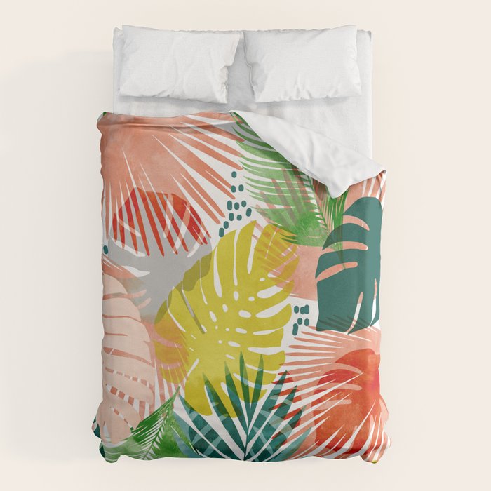 Tropical Garden, Botanical Colorful Jungle Watercolor Painting, Monstera Palm Nature Blush Bohemian Duvet Cover Gallery Image 1