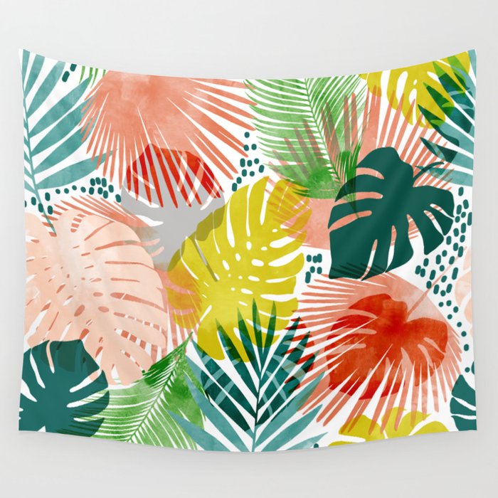 Tropical Garden, Botanical Colorful Jungle Watercolor Painting, Monstera Palm Nature Blush Bohemian Wall Tapestry Gallery Image 4