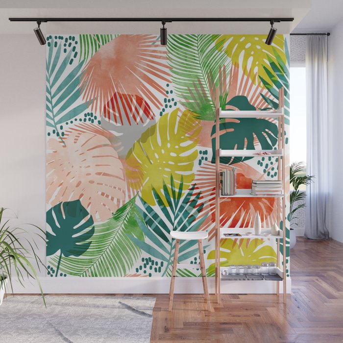 Tropical Garden, Botanical Colorful Jungle Watercolor Painting, Monstera Palm Nature Blush Bohemian Wall Mural Gallery Image 1