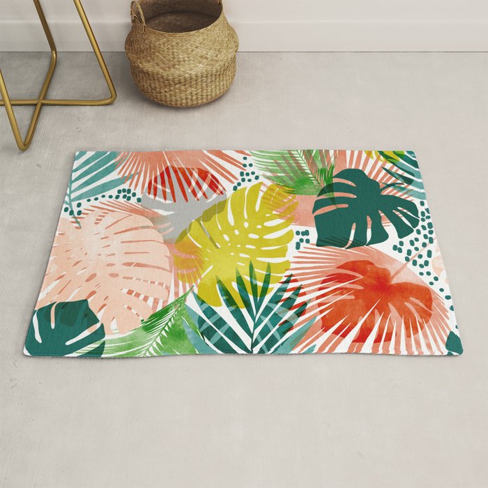 Tropical Garden, Botanical Colorful Jungle Watercolor Painting, Monstera Palm Nature Blush Bohemian Rug Gallery Image 1