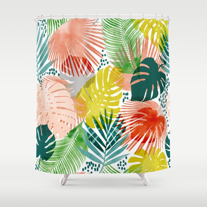 Tropical Garden, Botanical Colorful Jungle Watercolor Painting, Monstera Palm Nature Blush Bohemian Shower Curtain Gallery Image 1