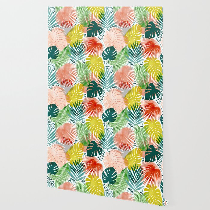 Tropical Garden, Botanical Colorful Jungle Watercolor Painting, Monstera Palm Nature Blush Bohemian Wallpaper Gallery Image 2